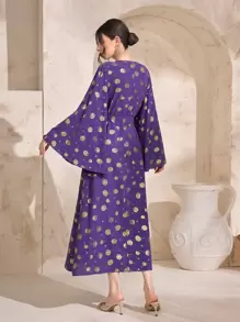 Al Najma Kaftan thắt lưng in hoa vàng, giản dị - Màu tím - Xem 2