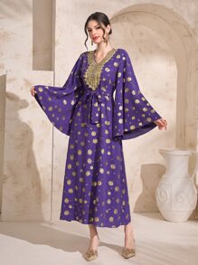 Al Najma Kaftan thắt lưng in hoa vàng, giản dị - Màu tím - Xem 3