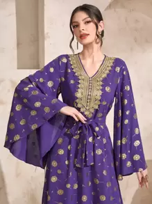 Al Najma Kaftan thắt lưng in hoa vàng, giản dị - Màu tím - Xem 4