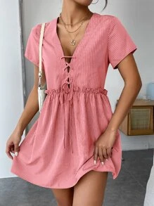 SHEIN PETITE Striped Print Lace Up Front Frill Trim Smock Dress - Coral Pink - View 1