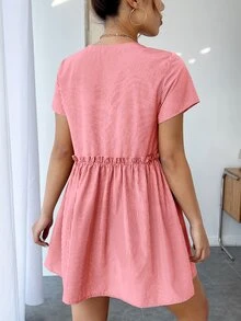 SHEIN PETITE Striped Print Lace Up Front Frill Trim Smock Dress - Coral Pink - View 2