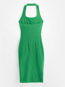 SHEIN BASICS Solid Halter Neck Backless Ribbed Knit Bodycon Dress - Green - View 8