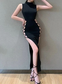 Solid Mock Neck Criss Cross Cut Out Split Thigh Dress - Black - View 3