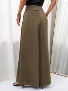 SHEIN Essnce 素色拼接細節闊腿褲 - 軍綠色 - 查看 3