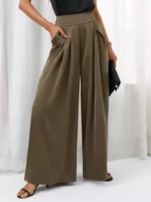 SHEIN Essnce 素色拼接細節闊腿褲 - 軍綠色 - 查看 1