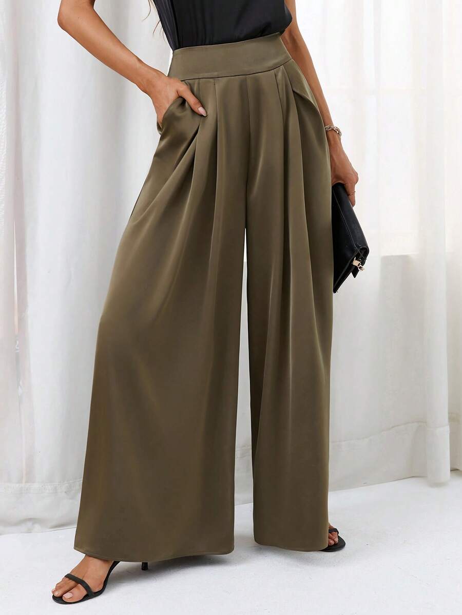 SHEIN Essnce 素色拼接細節闊腿褲 - 軍綠色 - 查看 1