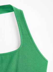 SHEIN BASICS Solid Halter Neck Backless Ribbed Knit Bodycon Dress - Green - View 9