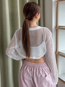 DAZY Solid Fishnet Insert Crop Top Without Cami Top Sheer - White - View 2