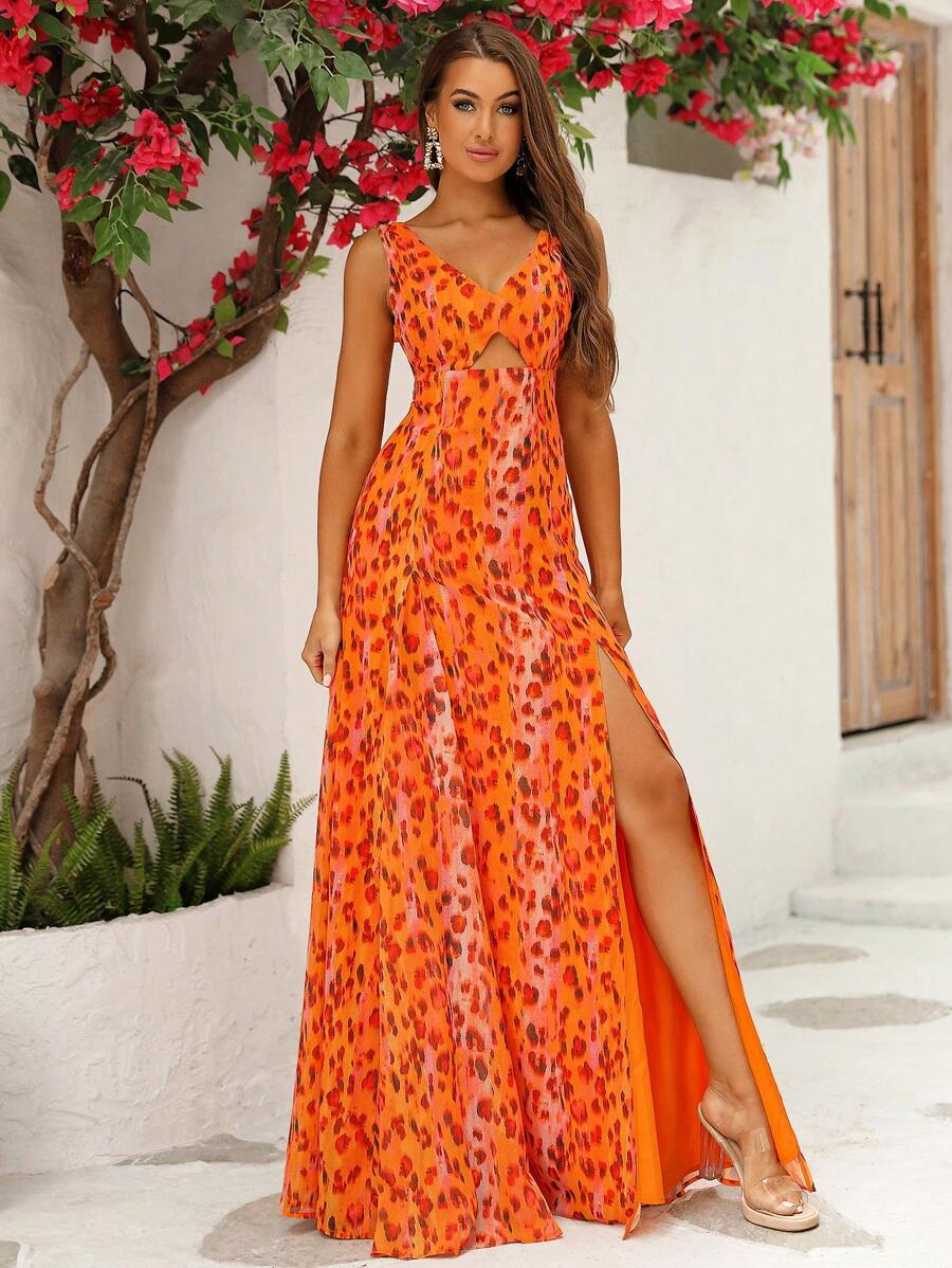 LOVE&LEMONADE Allover Print Split Thigh Dress - Orange - View 1