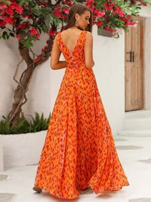 LOVE&LEMONADE Allover Print Split Thigh Dress - Orange - View 2