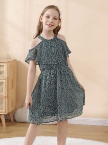 Tween Girl Ditsy Floral Cold Shoulder Ruffle Trim Dress - Dark Green - View 1