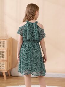 Tween Girl Ditsy Floral Cold Shoulder Ruffle Trim Dress - Dark Green - View 2