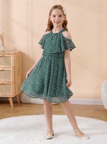 Tween Girl Ditsy Floral Cold Shoulder Ruffle Trim Dress - Dark Green - View 4