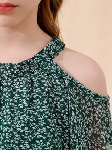 Tween Girl Ditsy Floral Cold Shoulder Ruffle Trim Dress - Dark Green - View 5