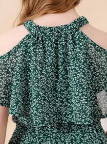Tween Girl Ditsy Floral Cold Shoulder Ruffle Trim Dress - Dark Green - View 6