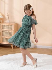 Tween Girl Ditsy Floral Cold Shoulder Ruffle Trim Dress - Dark Green - View 7