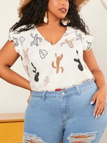 SHEIN CURVE+ Blusa con estampado de cactus ribete con fruncido - Blanco - Ver 2
