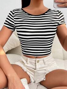 SHEIN EZwear Striped Print Backless Crop Tee - Black and White - View 2