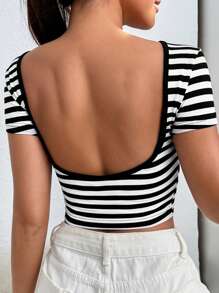 SHEIN EZwear Striped Print Backless Crop Tee - Black and White - View 4