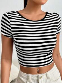 SHEIN EZwear Striped Print Backless Crop Tee - Black and White - View 5