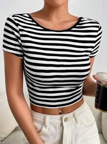 SHEIN EZwear Striped Print Backless Crop Tee - Black and White - View 7