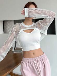 DAZY Solid Fishnet Insert Crop Top Without Cami Top Sheer - White - View 3