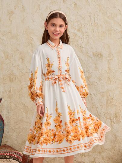 SHEIN Girls 1pc Floral Print Lantern Sleeve Belted Shirt & Skirt