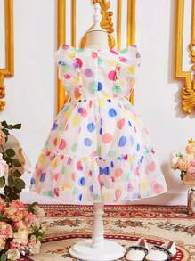 SHEIN Toddler Girls Polka Dot Print Ruffle Trim Dress - White - View 2