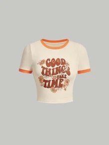 SHEIN MOD Slogan Graphic Contrast Binding Crop Tee GOOD THINGS TAKE TIME