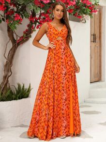 LOVE&LEMONADE Allover Print Split Thigh Dress - Orange - View 4