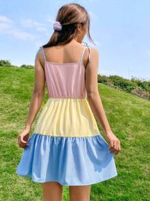 SHEIN EZwear 撞色肩上打結荷葉邊吊帶連衣裙 - 彩色 - 查看 2