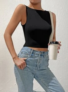 SHEIN EZwear Balletcore Solid Backless Tank Top - Black - View 4