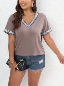 SHEIN LUNE Camiseta con lentejuela en contraste de cuello V - Púrpura malva - Ver 4