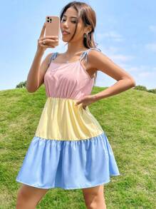 SHEIN EZwear 撞色肩上打結荷葉邊吊帶連衣裙 - 彩色 - 查看 5