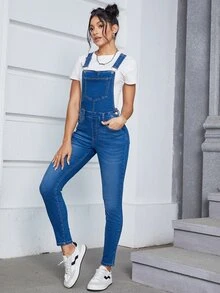 Slant Pocket Denim Overalls Without Tee - Medium Wash - View 3