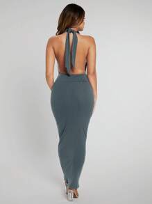 SHEIN SXY Đầm Lộ Lưng Buộc lại màu trơn Gợi cảm - Màu xanh bụi bặm - Xem 2