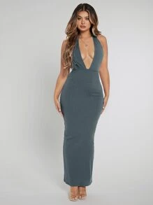 SHEIN SXY Đầm Lộ Lưng Buộc lại màu trơn Gợi cảm - Màu xanh bụi bặm - Xem 5