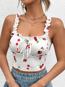 SHEIN MOD Áo khoác và áo lót dành cho xe tăng nữ viền lá sen Thắt nơ trước Rau quả Giải trí - trắng - Xem 1