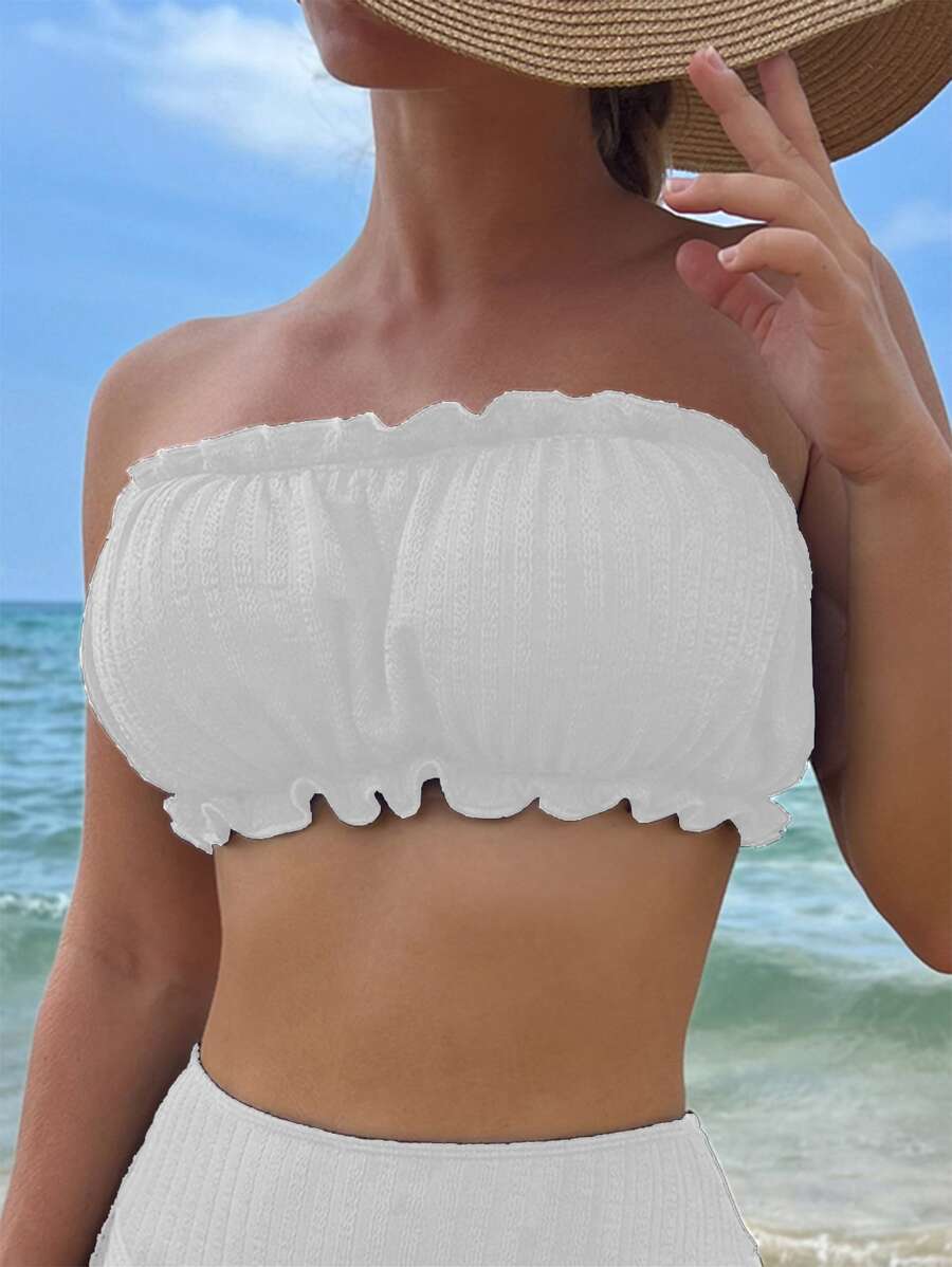 Frill Trim Bandeau Bikini Top - White - View 1