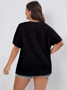 SHEIN LUNE Plus Solid V Neck Split Hem Tee - Black - View 2