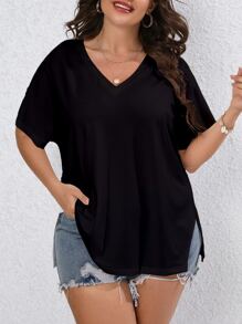 SHEIN LUNE Plus Solid V Neck Split Hem Tee - Black - View 3