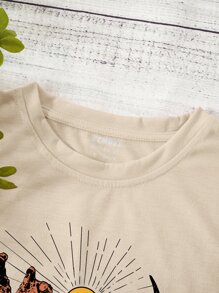 SHEIN Essnce 花卉圖案和公牛圖案T恤 - 卡其色 - 查看 4