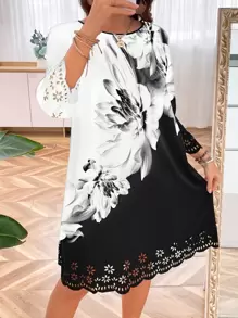 EMERY ROSE Plus Floral Print Laser Cut Scallop Trim Dress - Black and White - View 3
