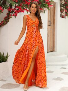 LOVE&LEMONADE Allover Print Split Thigh Dress - Orange - View 5