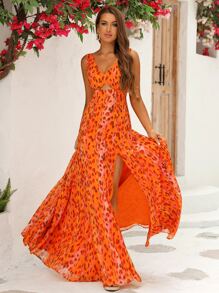 LOVE&LEMONADE Allover Print Split Thigh Dress - Orange - View 6