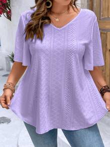 SHEIN LUNE Plus Eyelet Embroidery Butterfly Sleeve Tee - Mauve Purple - View 1