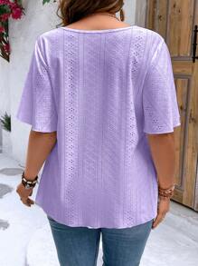 SHEIN LUNE Plus Eyelet Embroidery Butterfly Sleeve Tee - Mauve Purple - View 2