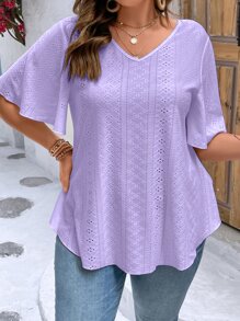 SHEIN LUNE Plus Eyelet Embroidery Butterfly Sleeve Tee - Mauve Purple - View 3