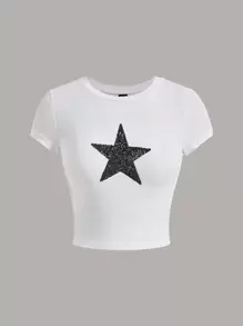 SHEIN ICON Camiseta crop con lentejuelas con patrón de estrella - Blanco - Ver 1