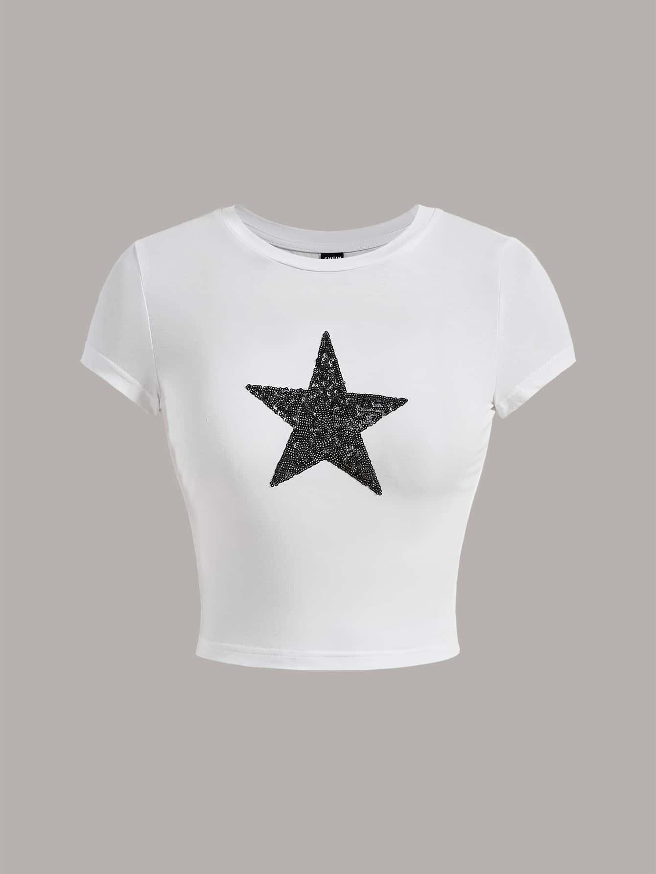 SHEIN ICON Camiseta crop con lentejuelas con patrón de estrella - Blanco - Ver 1